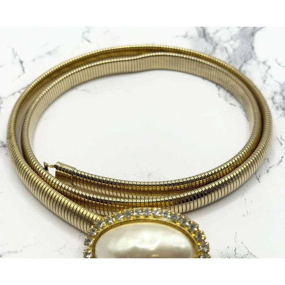 Gold‎ Mesh Belt Faux Pearl Rhinestone Buckle Statement Vintage Style